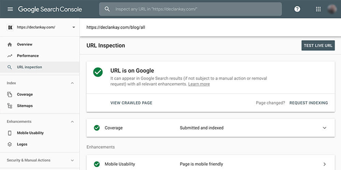 URL Inspector Page is on Google | Google Search Console