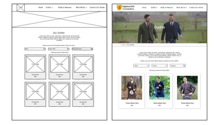 Wireframes and Mockup | Highland Kilt Connections