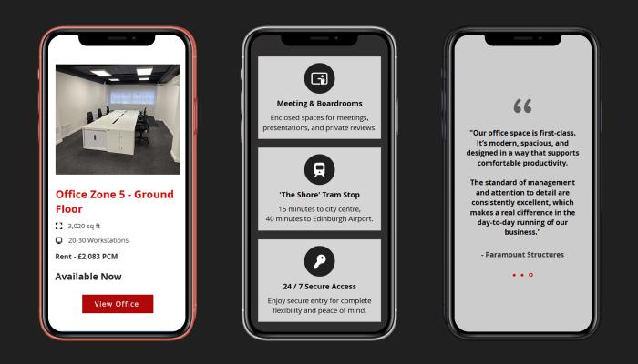Offices, Service Icons & Testimonials Mobile Screens | Mitchell House